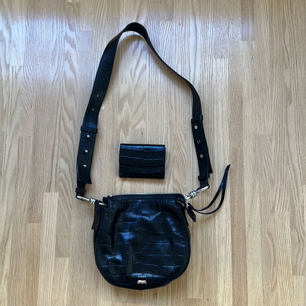 Crossbody black handbag by All Saints plus wallet by Cuyana